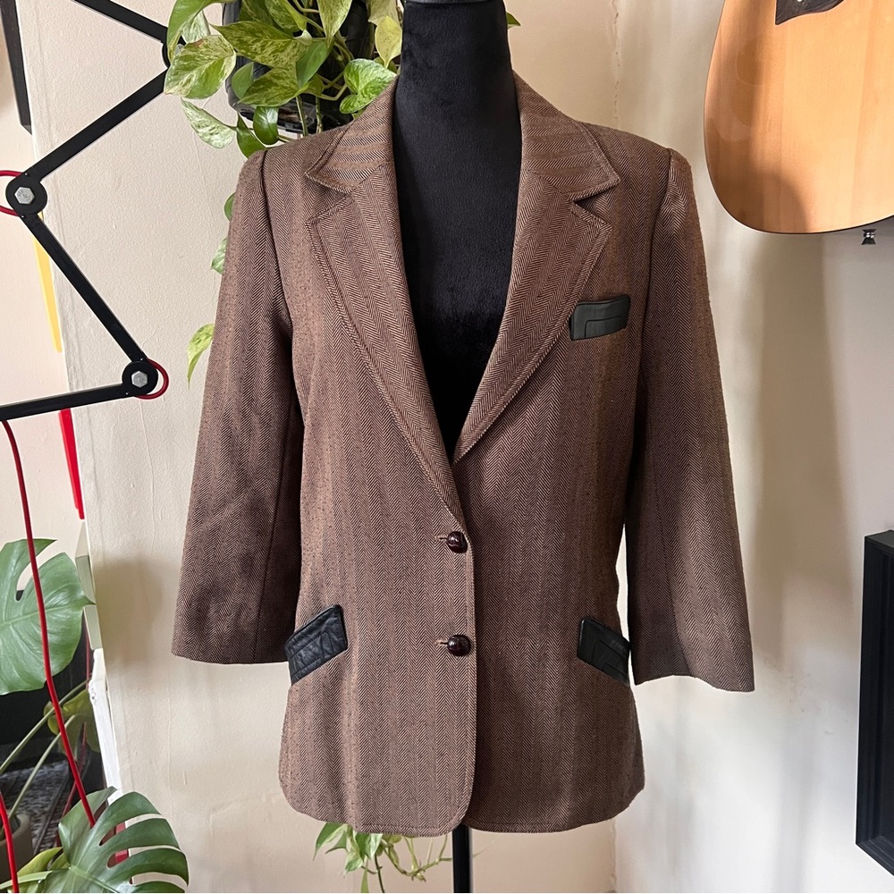 Vtg Rensor Rio Brazil Leather Trim Herringbone Blazer - Women’s Small